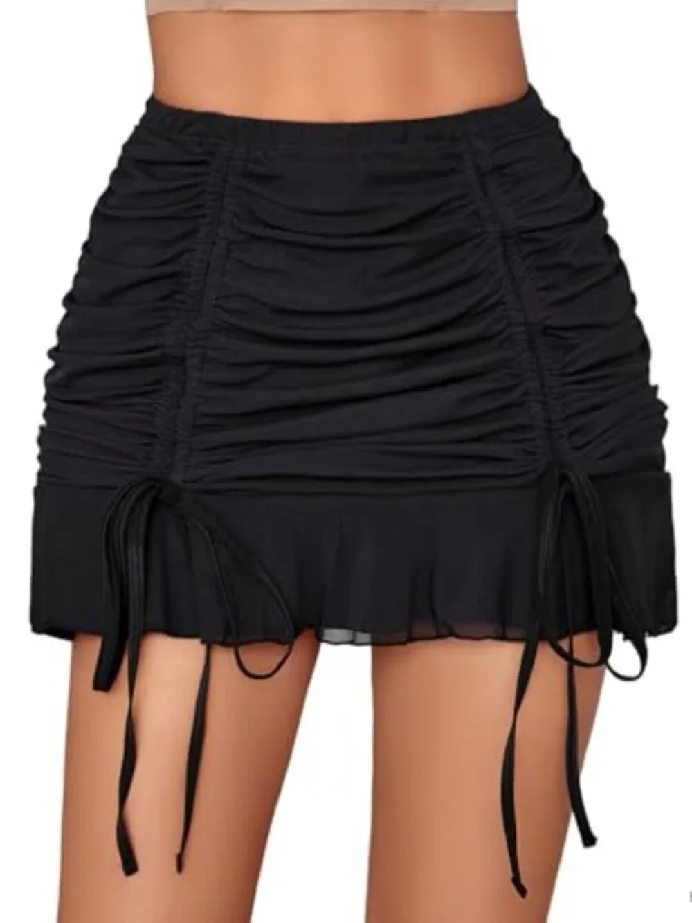 Women's Layered Mesh Mini Skirt High Waist Bodycon Ruffled Hem Adjustable Strap